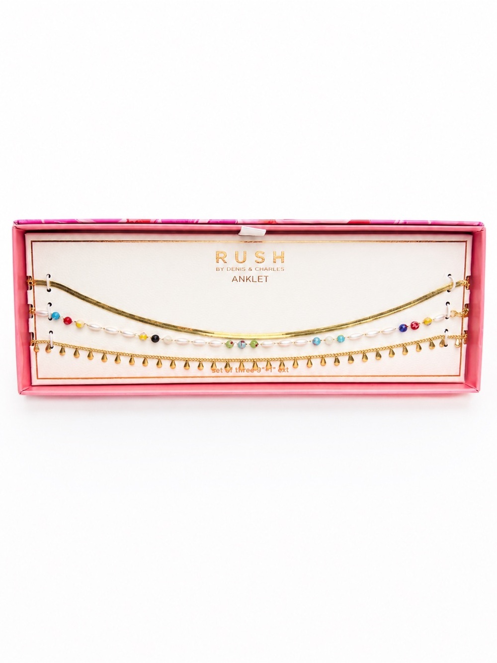 RUSH Gold Anklet 3 Piece Set Colorful Beaded Layered Beach Boho Jewelry